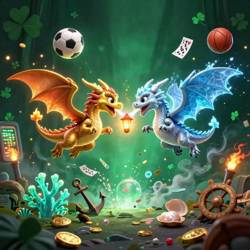 Gold and silver dragons swirl over sports balls, coins, coral, and casino props in neon fantasy chaos.