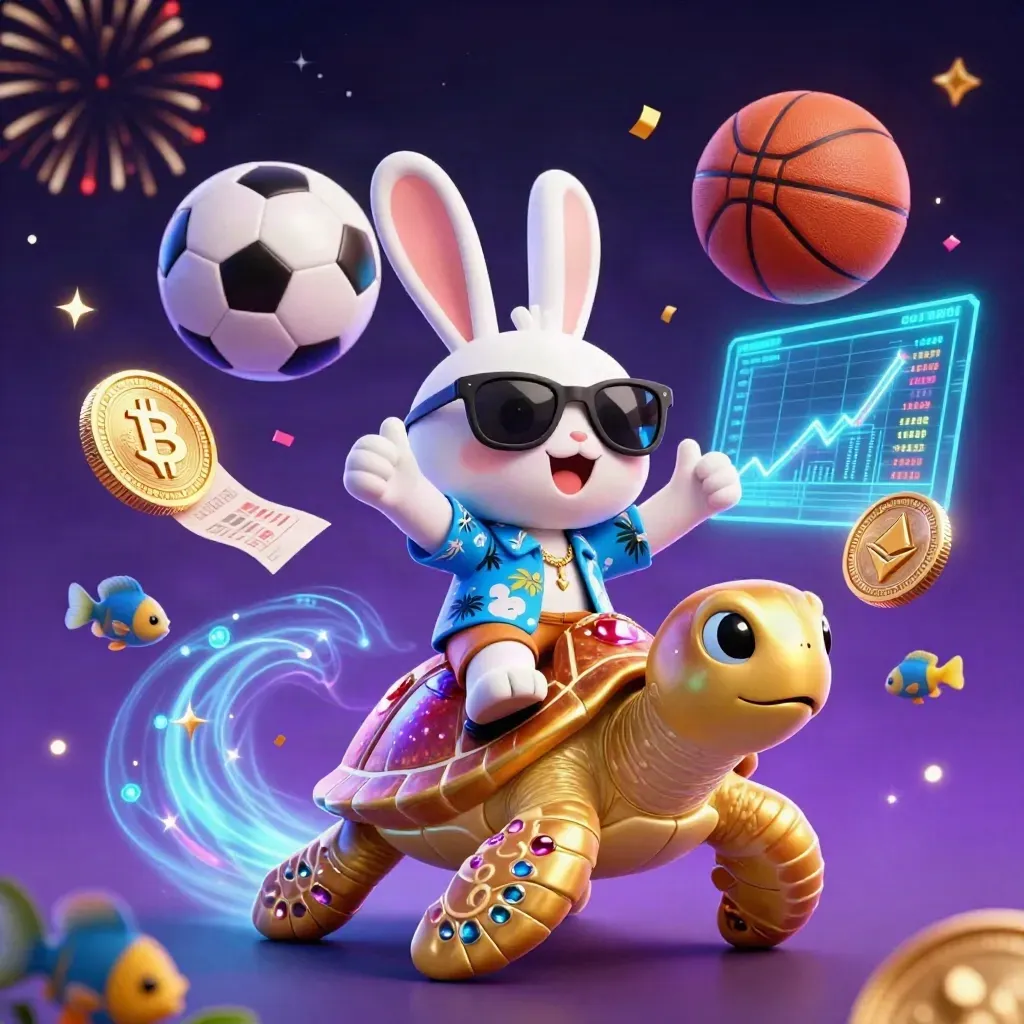 Lucky rabbit on a gold turtle amid neon coins, sports balls and cosmic casino energy.
