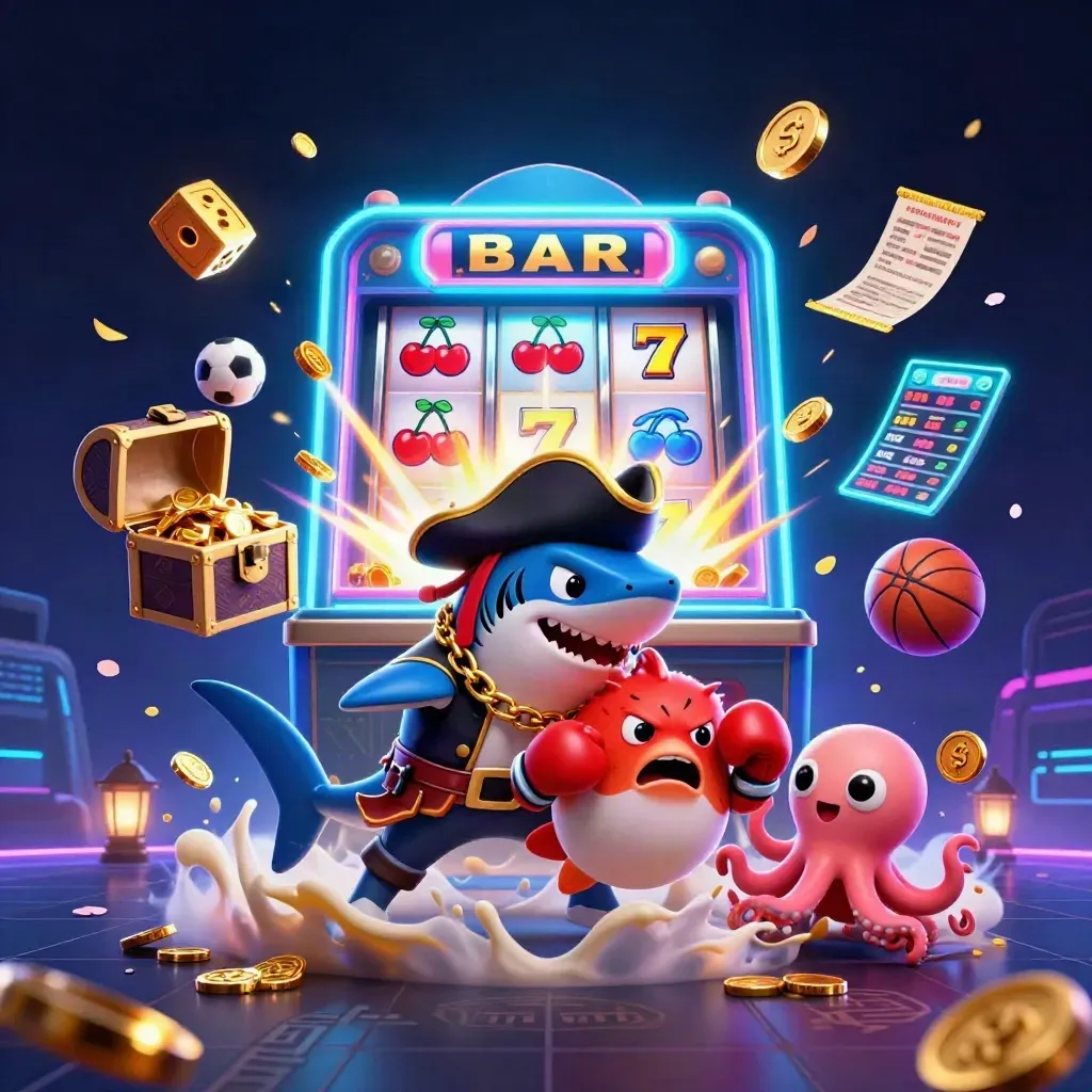 Cartoon pirate shark, pufferfish, and octopus amid exploding casino symbols and neon casino lights.