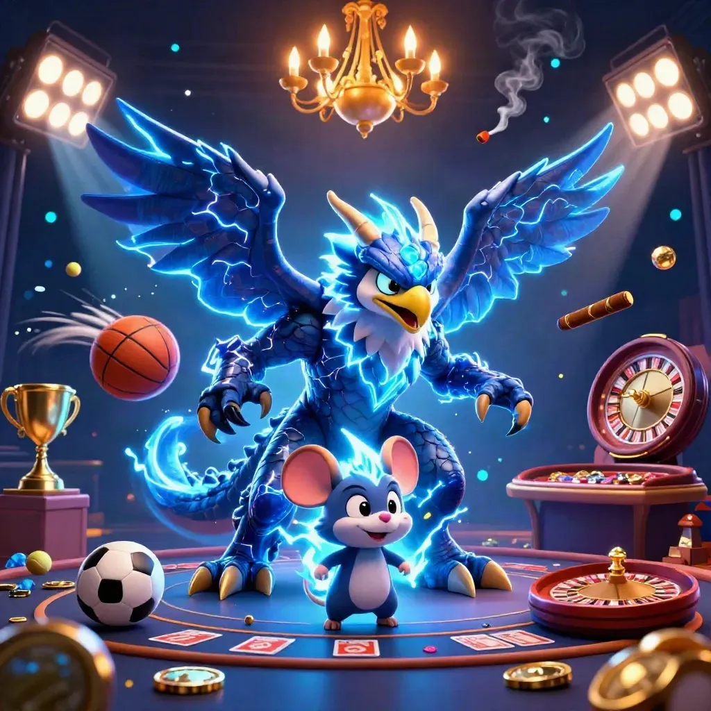 Thunder dragon, wind hawk, and static mouse in a neon casino room with balls, trophy, and coins