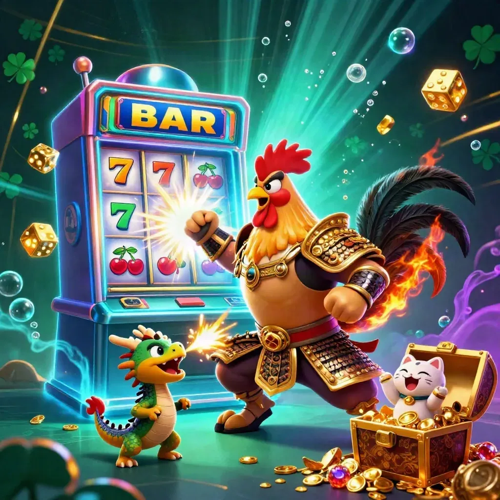 Rooster warrior, spark-breathing dragon hatchling and fortune cat amid exploding slot treasures.