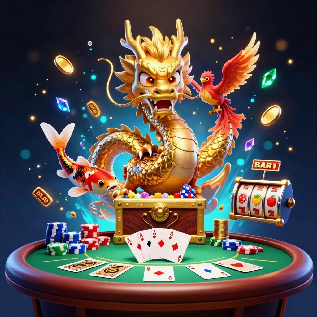 Golden dragon with phoenix and koi amid treasure burst, neon casino key art, blue glow