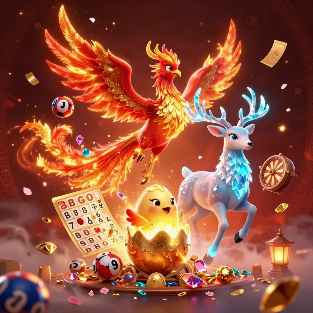 Phoenix, hatchling, and crystal-antlered stag burst through glowing casino treasure and magic.