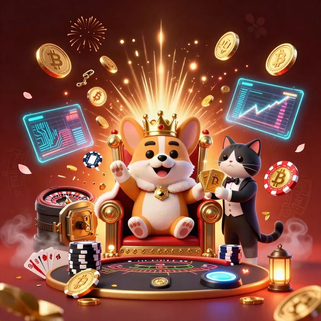 Royal corgi and cat butler celebrate amid bursting coins, casino gear, and neon effects.