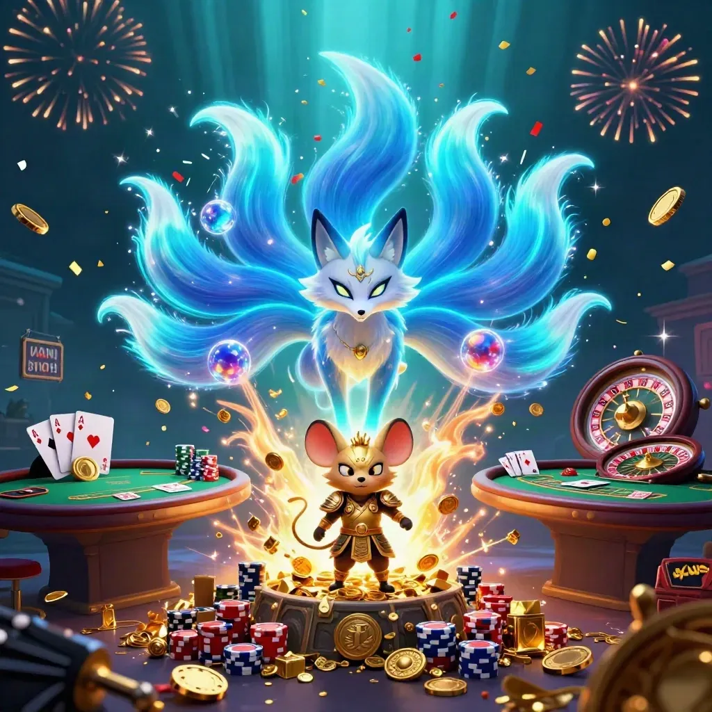 Neon fox spirit and golden mouse amid exploding treasure, casino chips, cards, and fireworks.