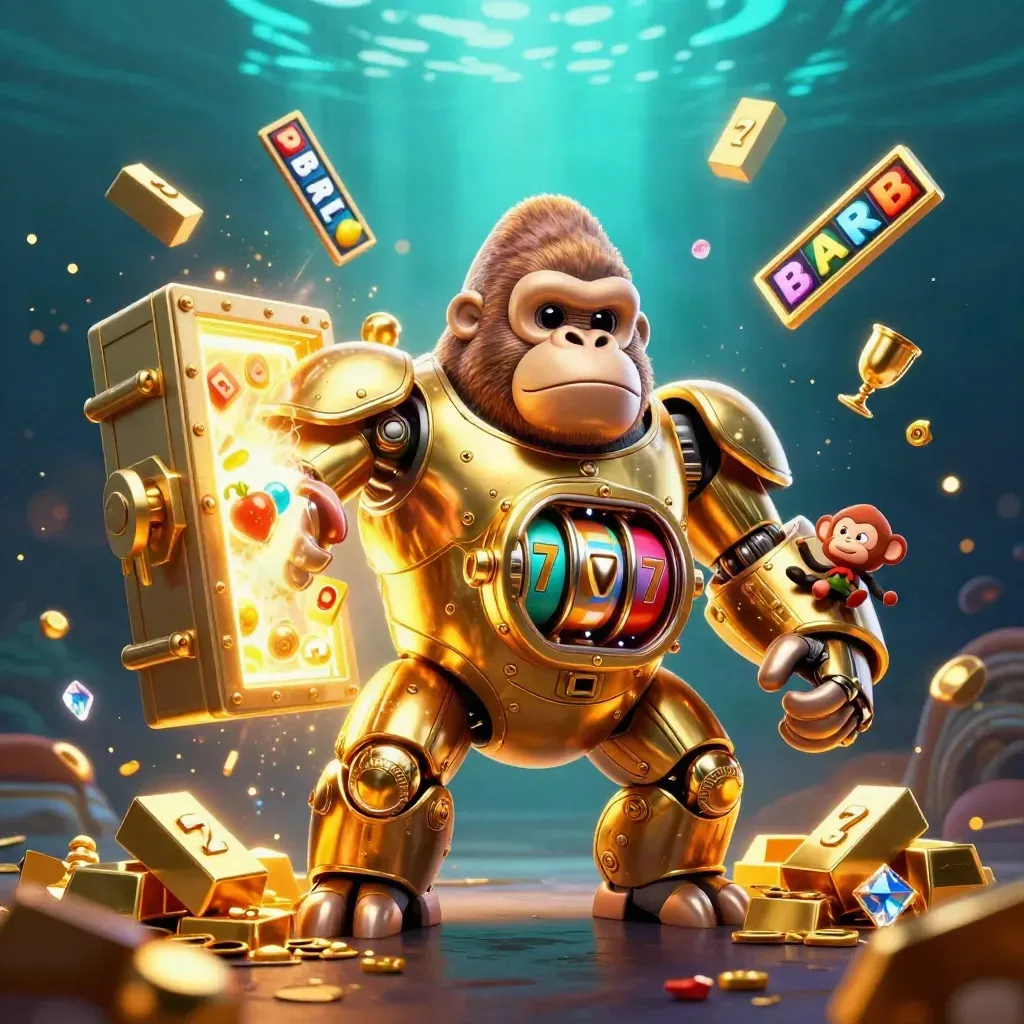 Golden gorilla slot-mech with tiny monkey pilot, treasure vault blast, gold, gems, and neon underwater light
