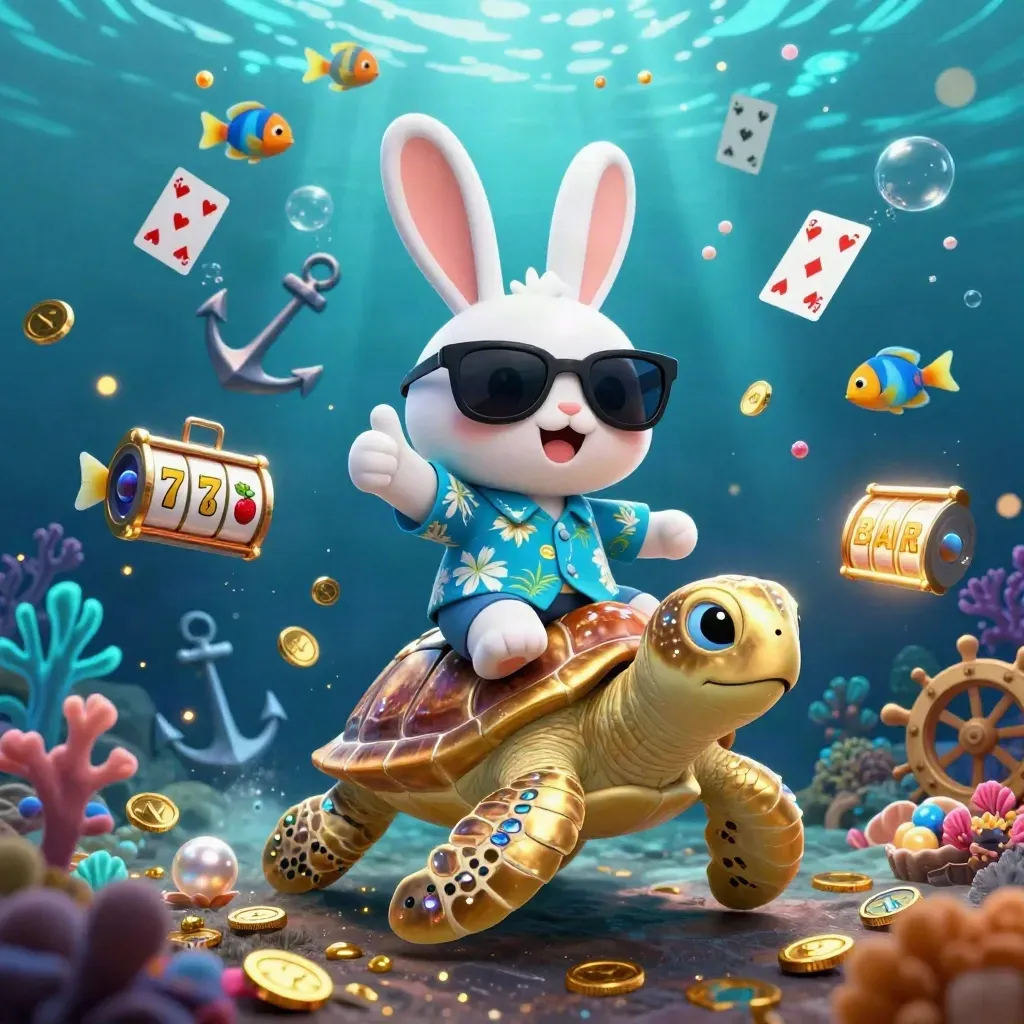Lucky rabbit rides a gold turtle underwater amid coins, coral, cards, reels and glowing casino effects